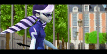 a cartoon character wearing a mask and scarf is standing in front of a fence .