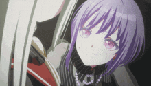 a girl with purple hair and pink eyes is standing next to another girl with white hair