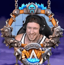 a man wearing headphones is surrounded by chains and spikes
