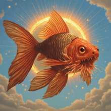 a painting of a goldfish with a sun shining around it