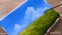 a painting of a grassy field with a blue sky is made by wow art