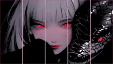 a girl with red eyes has a snake behind her