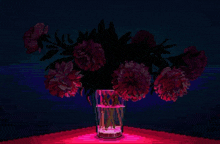 a pixel art painting of a vase filled with purple flowers on a table .