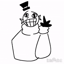 a black and white drawing of a cartoon character wearing a top hat and holding a leaf .