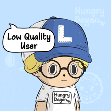 a hungry degen cartoon character with a blue hat