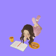 a girl reading a book next to a plate of cookies