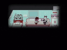 a video game scene with a person sitting on a couch and talking to another person .