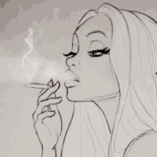 a drawing of a woman smoking a cigarette with smoke coming out of her mouth .