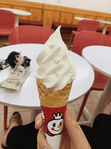 a person is holding a cone of ice cream with a snowman on it