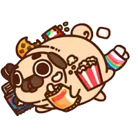 a pug dog is surrounded by snacks including popcorn cookies and marshmallows