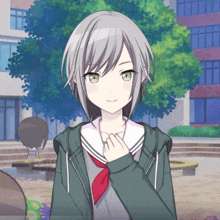 a girl with grey hair and green eyes is standing in front of a building