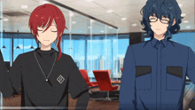 two anime characters standing next to each other with one wearing glasses