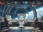a cartoon drawing of two cats in a space ship