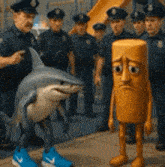a group of police officers are standing next to a shark and a cartoon character .