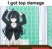 a picture of a girl with the words " i got top damage "