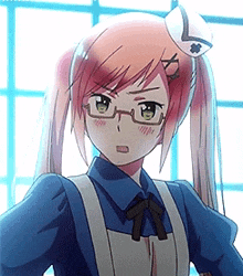 a girl with pigtails and glasses is wearing a blue apron and a hat .