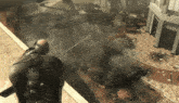 a man in a video game is standing on a balcony overlooking a city