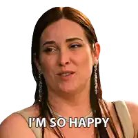 a woman says i 'm so happy in a sticker