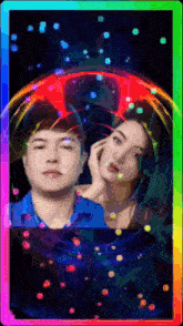 a man and a woman are standing next to each other with a rainbow background