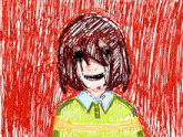a drawing of a girl with red hair and a green shirt with a red background