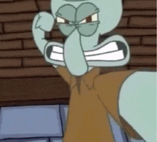 squidward from spongebob squarepants is making a funny face while flexing his muscles .