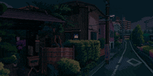 a pixel art drawing of a house with a sign that says ' a ' on it