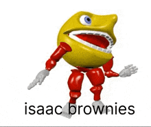 isaac brownies is a cartoon character that looks like a pac man with red arms and legs .
