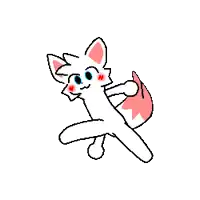 a pixel art drawing of a white cat with a pink tail and ears .