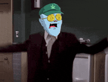 a cartoon of a man wearing a green hat with a marijuana leaf on it and gold glasses with the letter b on them