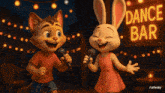 a cat and rabbit singing in front of a dance bar sign