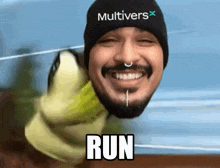 a man with a beard wearing a beanie that says multivers on it