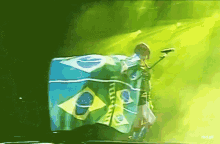 a painting of a woman holding a microphone and a brazilian flag behind her