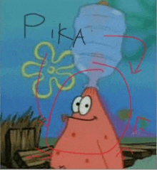 patrick star from spongebob squarepants is holding a water bottle