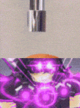 a close up of a person 's face with purple lights coming out of it