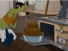 a cartoon of goofy putting a cake in an oven that says ' awful hot ' on it
