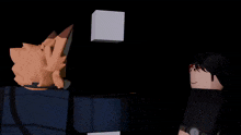 a cartoon character with a bloody eye is sitting in a dark room