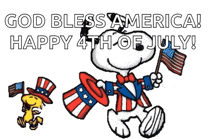 a cartoon of snoopy and woodstock holding american flags with the words god bless america happy 4th of july