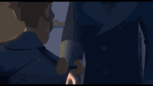 a cartoon man with a beard is talking to another man in a room .