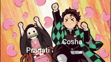 a couple of anime characters are standing next to each other with hearts in the background and the words pragati and cosha on the bottom
