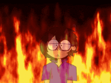 a cartoon of a person standing in front of a fire .