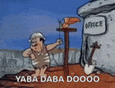 a cartoon of a caveman standing in front of a building with a sign that says office .