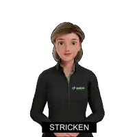 a woman wearing a black simax shirt is pointing at something