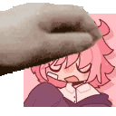 a cat 's paw is touching a cartoon girl 's head .