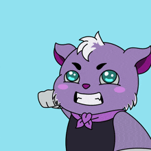 a cartoon drawing of a purple cat with blue eyes and a bow tie