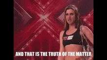 a woman is standing in front of a red background with the words and that is the truth of the matter