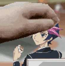 a pixel art of a person holding a piece of paper over a boy 's head .