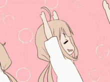 two anime girls are standing next to each other with their arms in the air .