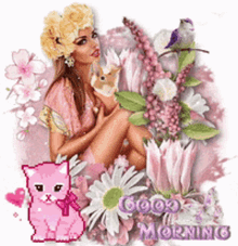a woman in a pink dress is surrounded by pink flowers and a pink cat ..