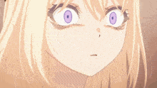 a blonde anime girl with purple eyes and a hat