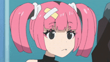 a cartoon girl with pink hair has a bandage on her forehead